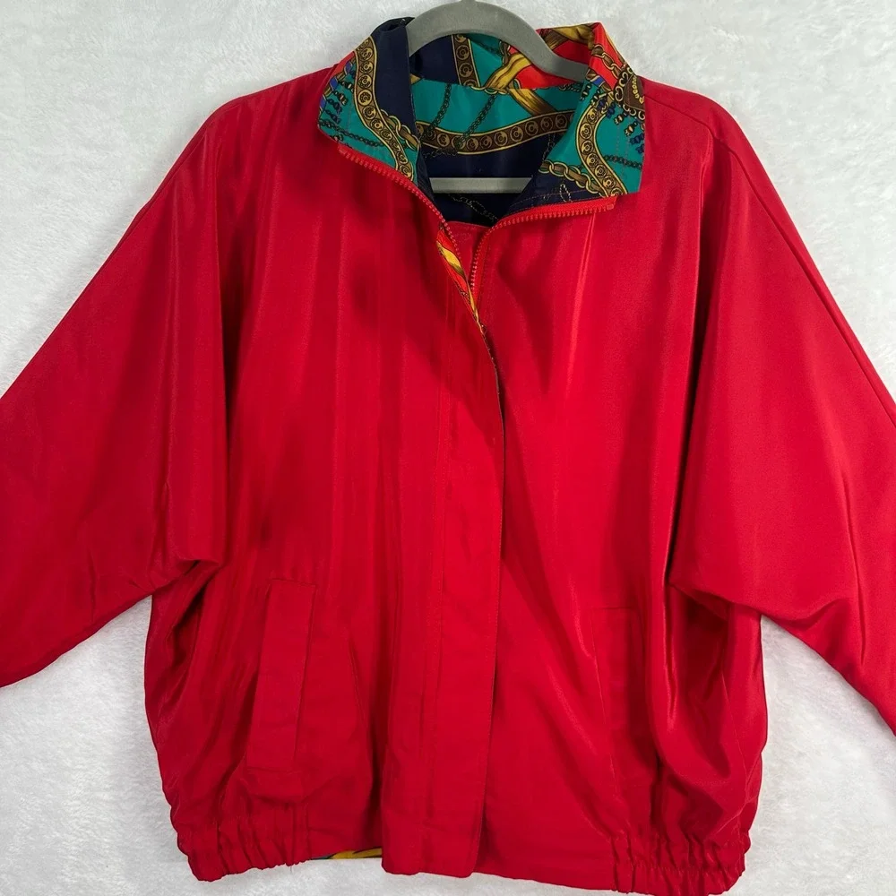 GDT Too Reversible Bomber Jacket Womens OS Red Multi‎ Chain Print Vintage 80s